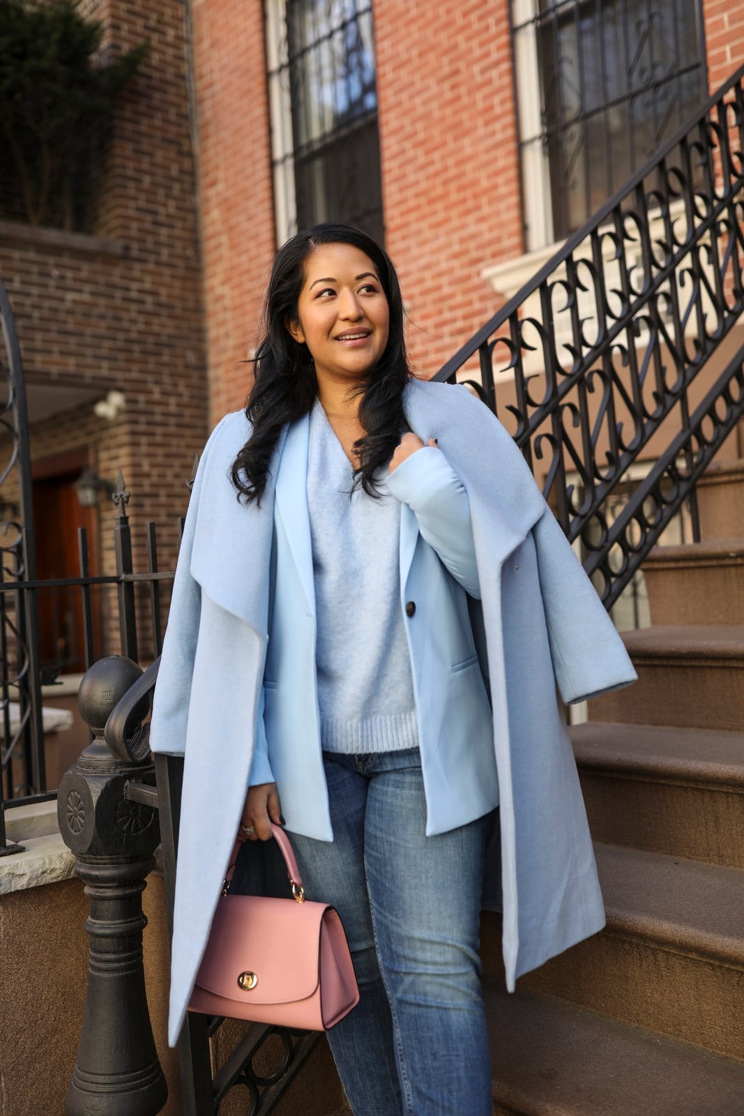 Oversized Baby Blue Wool Blend Coat Over Blazer and Sweater Oversized Baby Blue Wool Blend Coat Over Blazer and Sweater — Baby Blue Outfits