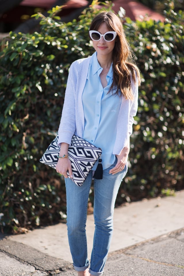 Baby Blue Button-Down Shirt Under Light Blue Cardigan Baby Blue Button-Down Shirt Under Light Blue Cardigan — Baby Blue Outfits
