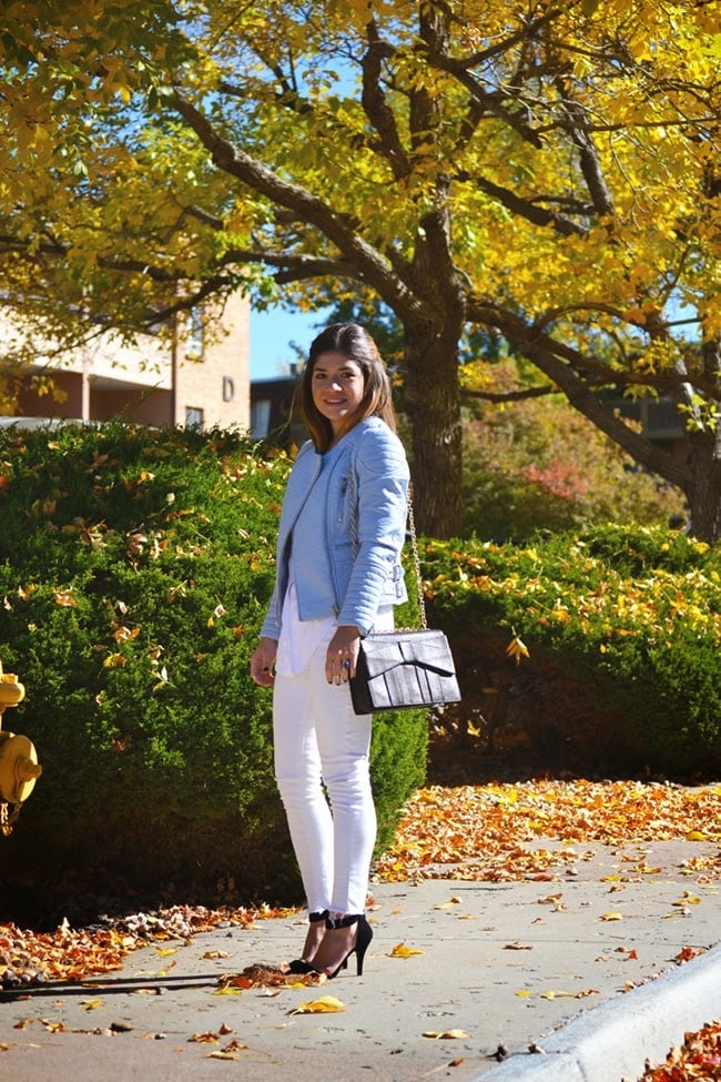 Baby Blue Textured Jacket Over White Top and Skinny Jeans Baby Blue Textured Jacket Over White Top and Skinny Jeans — Baby Blue Outfits