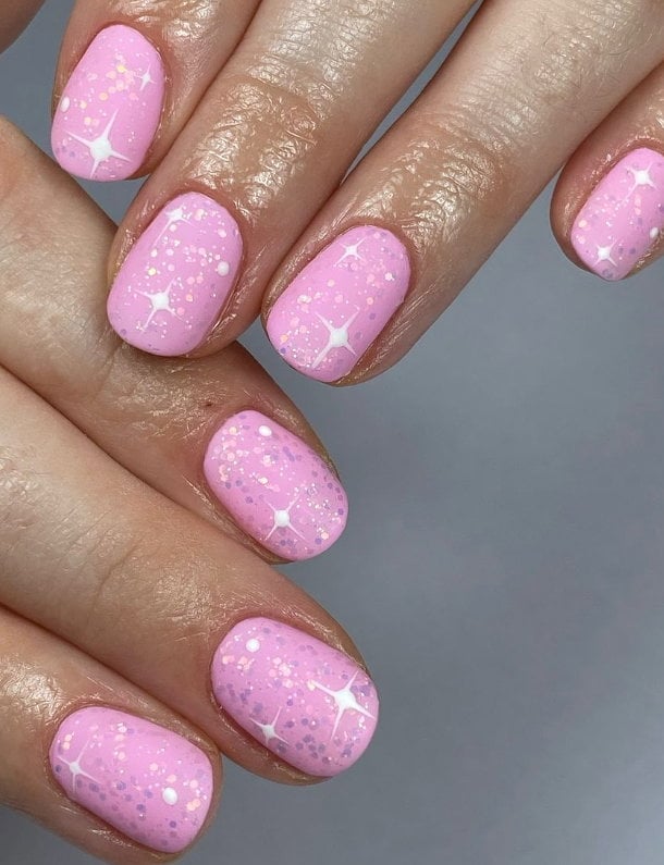 Matte Glitter Stars Short Oval Nails Matte Glitter Stars Short Oval Nails — Baby Pink Nails