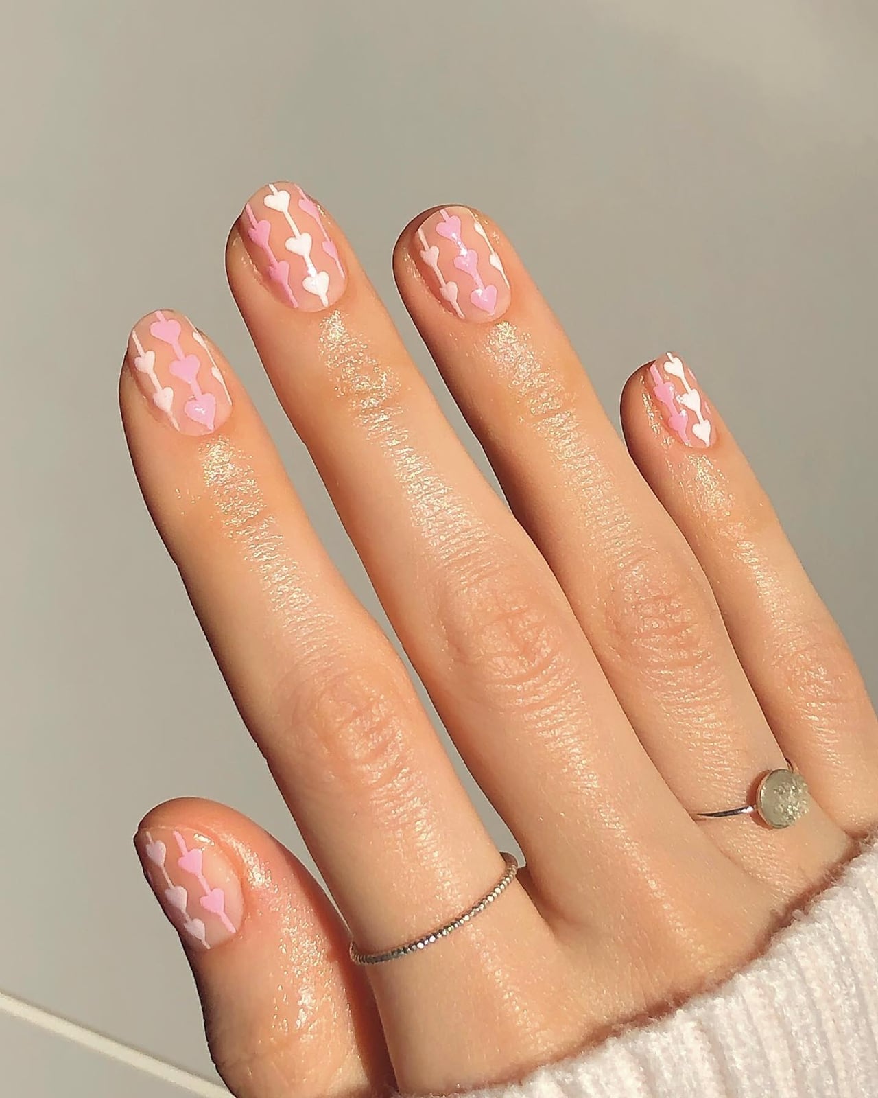 Milky Pink Heart Pattern Short Oval Milky Pink Heart Pattern Short Oval — Baby Pink Nails