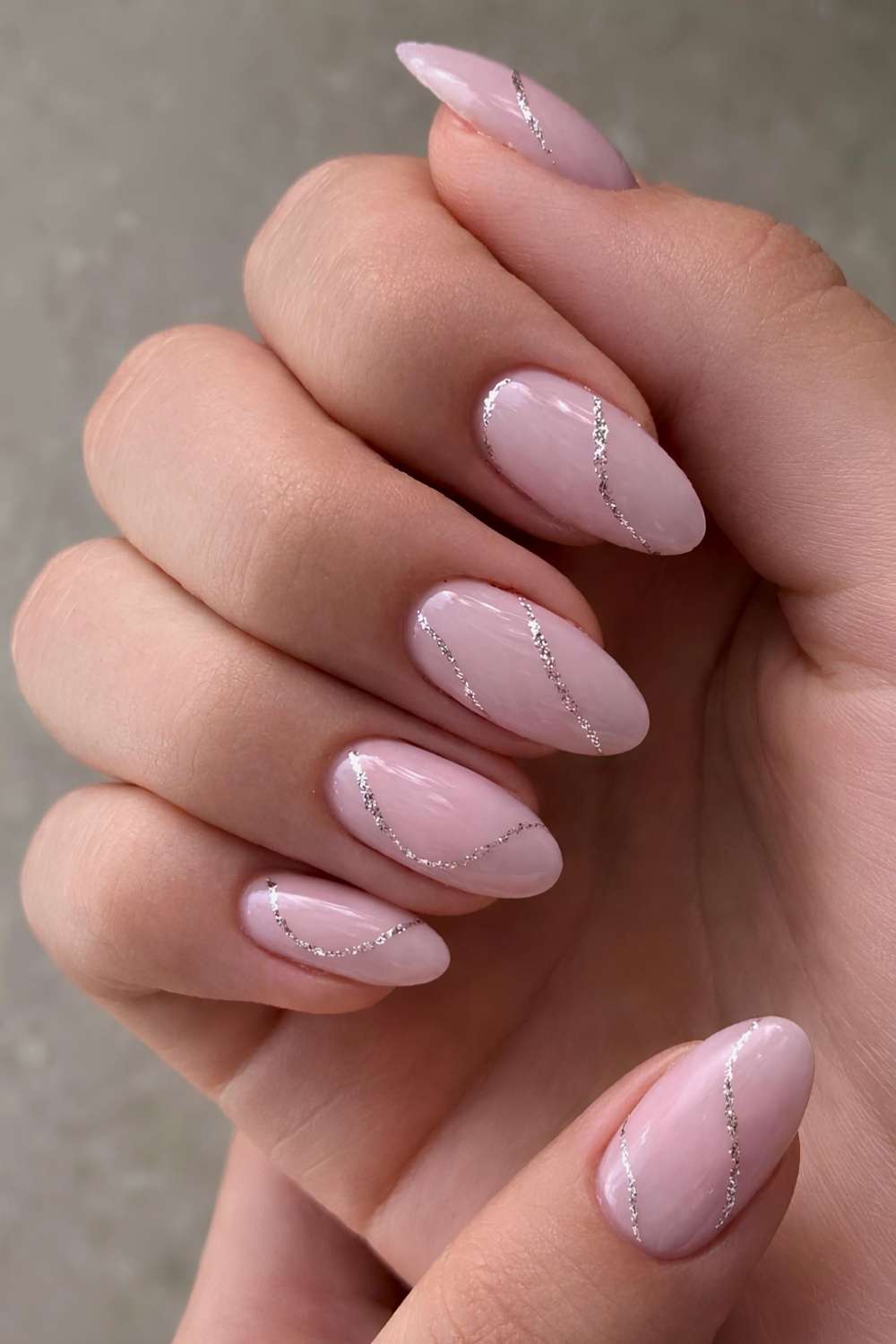 Milky Pink Silver Line Medium Almond Milky Pink Silver Line Medium Almond — Baby Pink Nails
