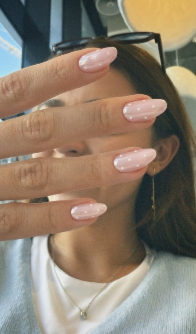 Pale Pink White Dot Medium Almond Pale Pink White Dot Medium Almond — Baby Pink Nails