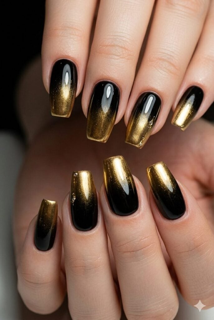 Black to Gold Chrome Ombre Medium Square Nails Black to Gold Chrome Ombre Medium Square Nails — Baddie Nails