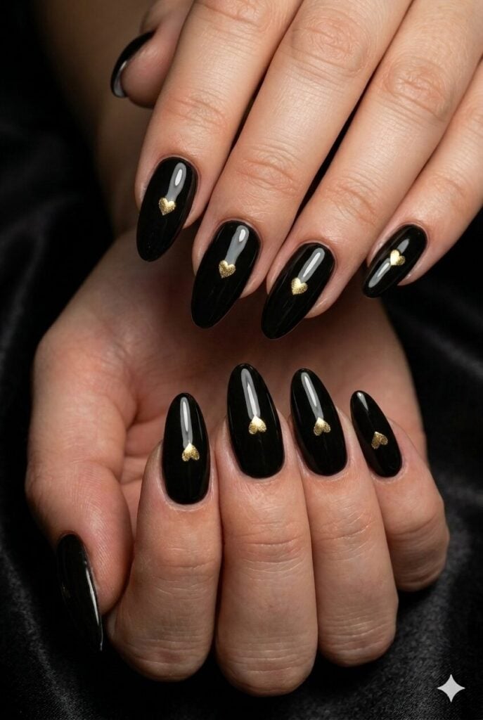 Black Oval Nails with Gold Heart Charms Black Oval Nails with Gold Heart Charms — Baddie Nails
