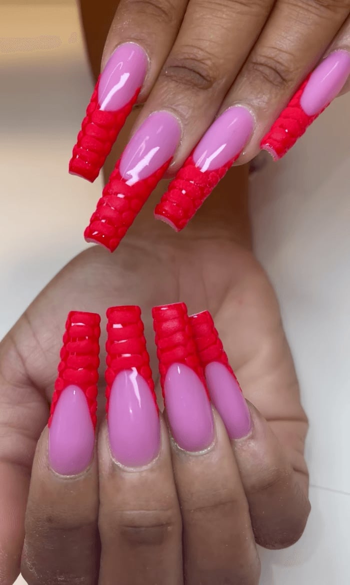 Bright Red 3D French Very Long Square Nails Bright Red 3D French Very Long Square Nails — Baddie Nails
