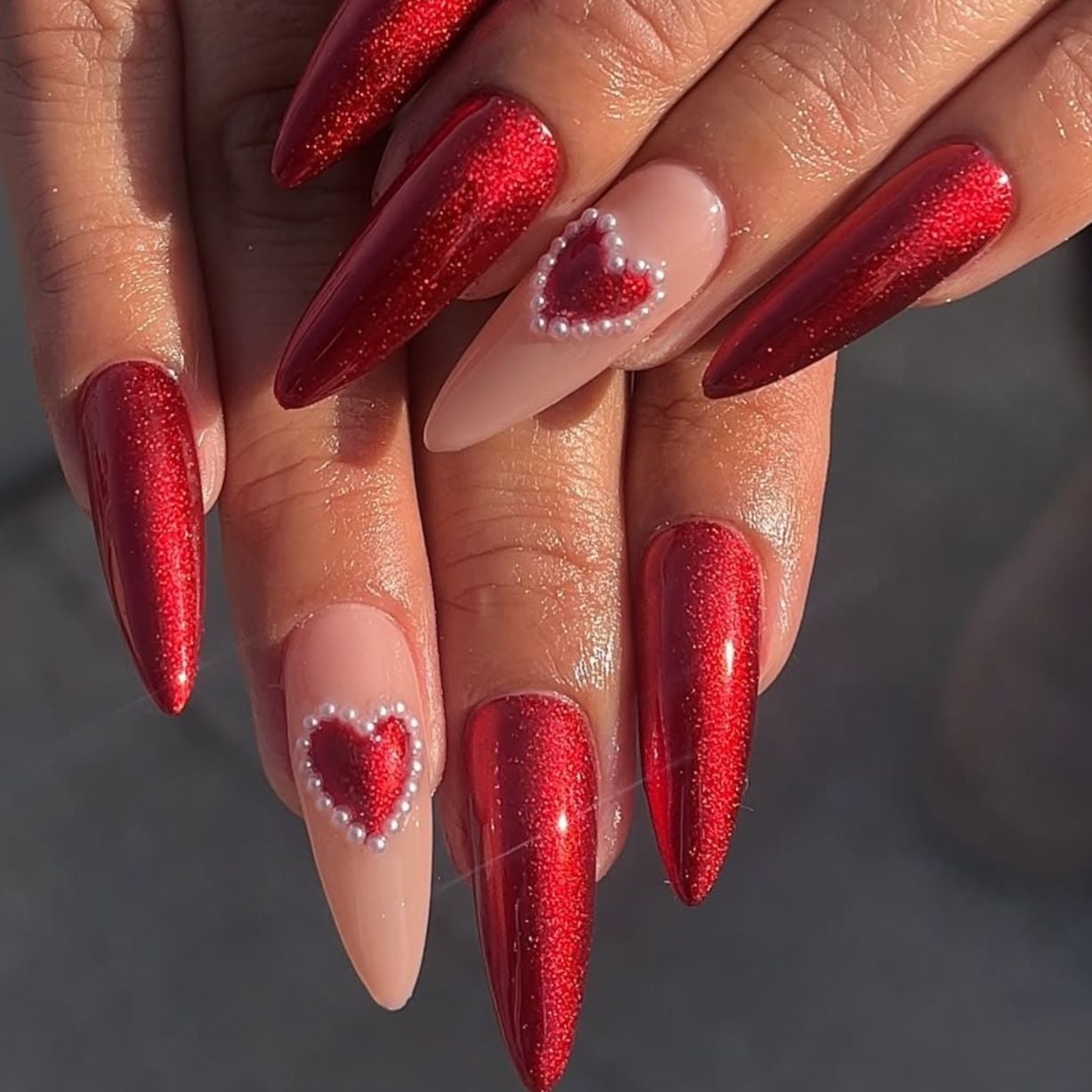 Metallic Red Nude Stiletto Nails with Pearl Hearts Metallic Red Nude Stiletto Nails with Pearl Hearts — Baddie Nails
