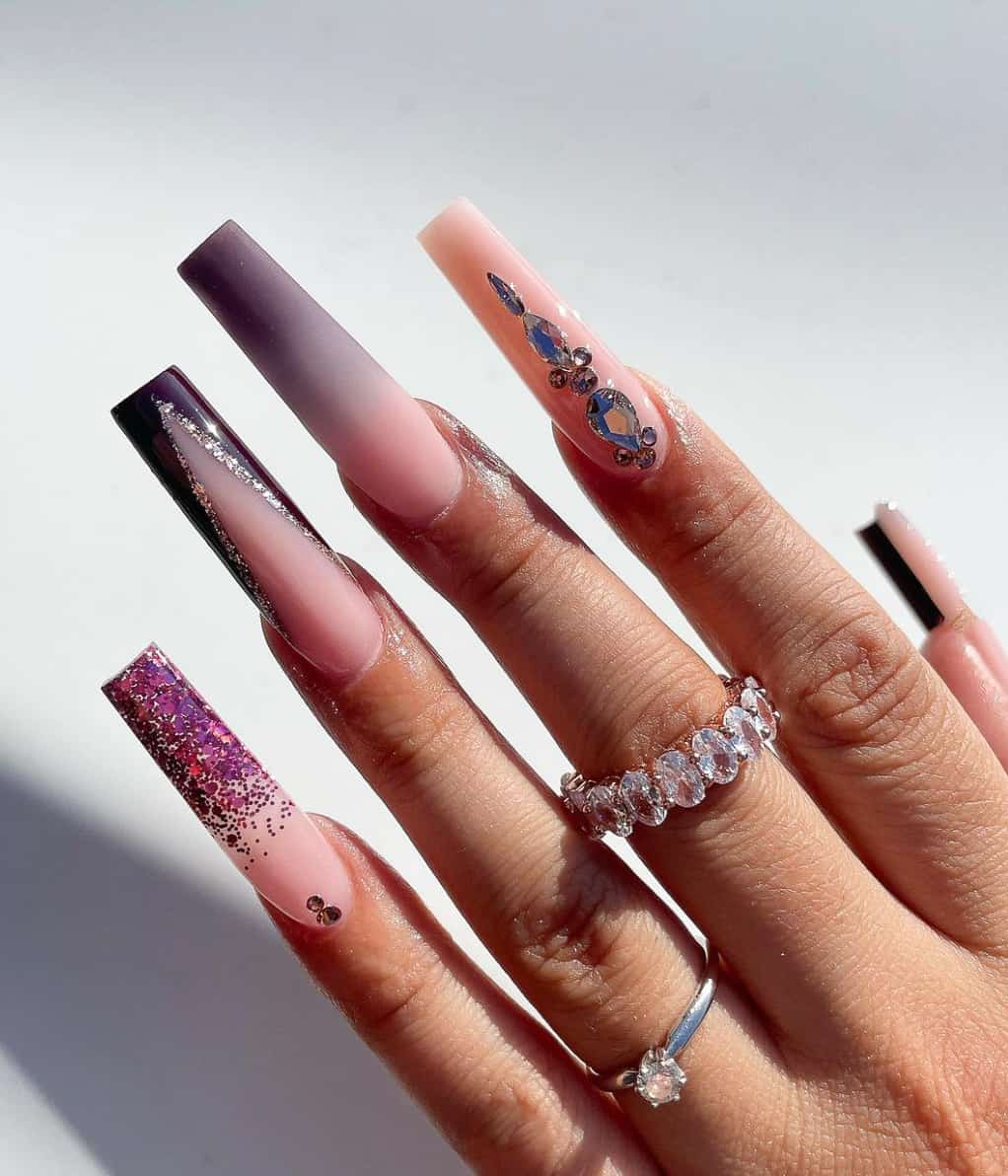 Powder Purple Black Ombre Glitter Rhinestone Square Nails Powder Purple Black Ombre Glitter Rhinestone Square Nails — Baddie Nails