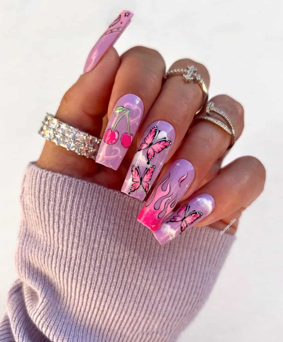 Pastel Purple Nails with Butterfly Flame Cherry Designs Pastel Purple Nails with Butterfly Flame Cherry Designs — Baddie Nails