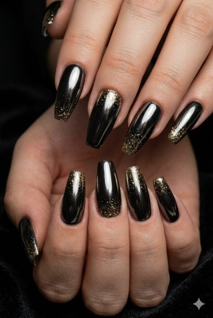 Black Chrome Long Coffin Nails with Gold Glitter Black Chrome Long Coffin Nails with Gold Glitter — Baddie Nails