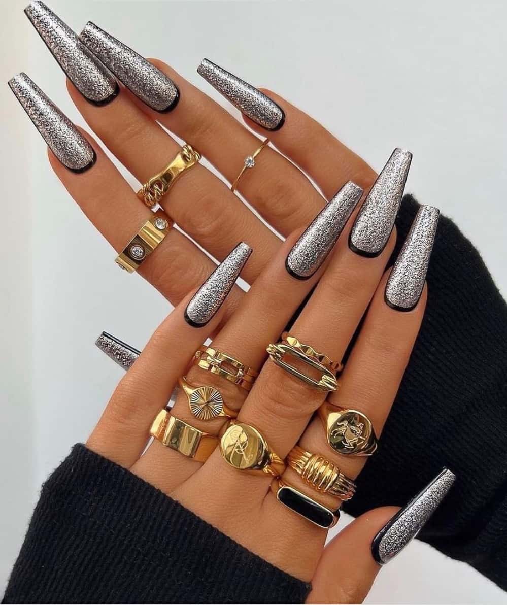 Silver Glitter Long Coffin Nails Silver Glitter Long Coffin Nails — Baddie Nails