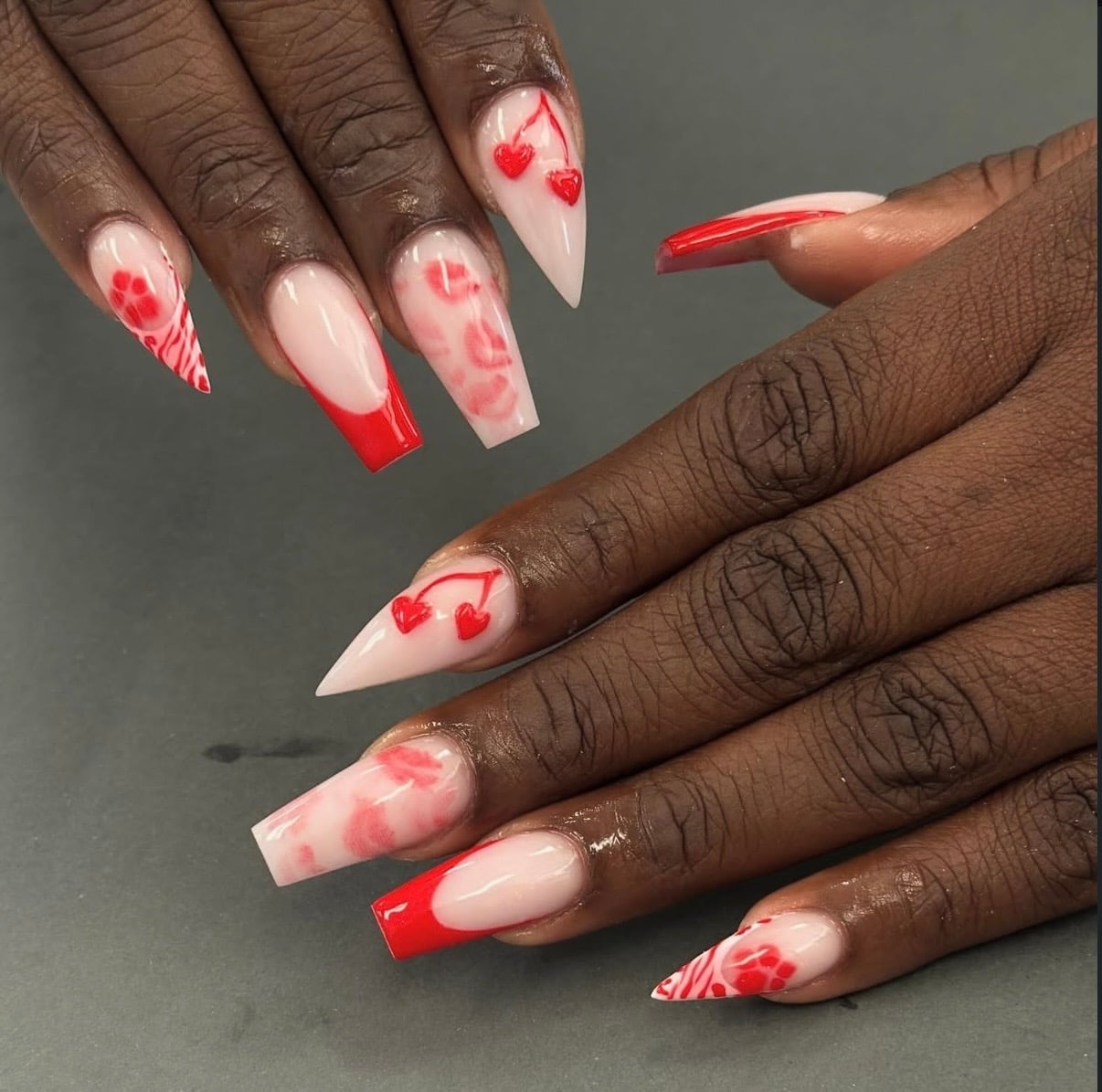Sheer Pink Marble Nails with Red Cherry French Tips Sheer Pink Marble Nails with Red Cherry French Tips — Baddie Nails