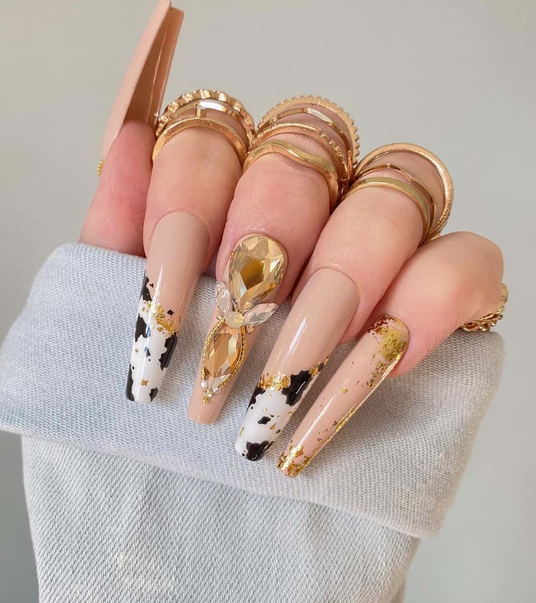 Nude Coffin Nails with Cow Print, Foil, and Rhinestone Nude Coffin Nails with Cow Print, Foil, and Rhinestone — Baddie Nails