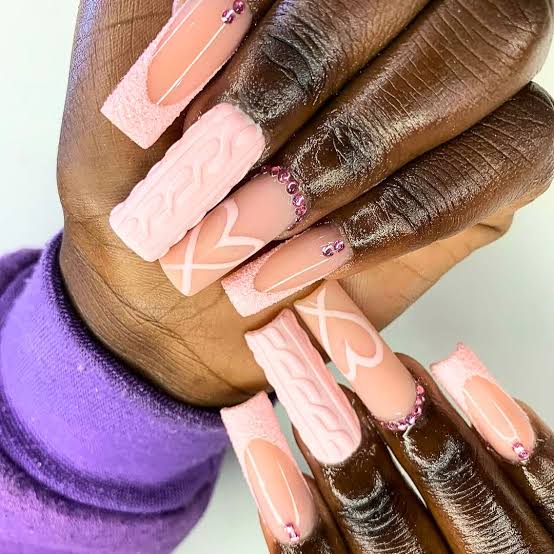 Sheer Pink Square Nails with Cable Knit Texture Sheer Pink Square Nails with Cable Knit Texture — Baddie Nails