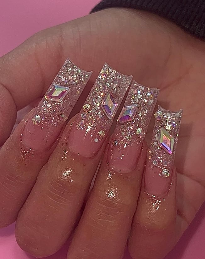 Pink Ombre Glitter Long Squoval Nails with Gems Pink Ombre Glitter Long Squoval Nails with Gems — Baddie Nails