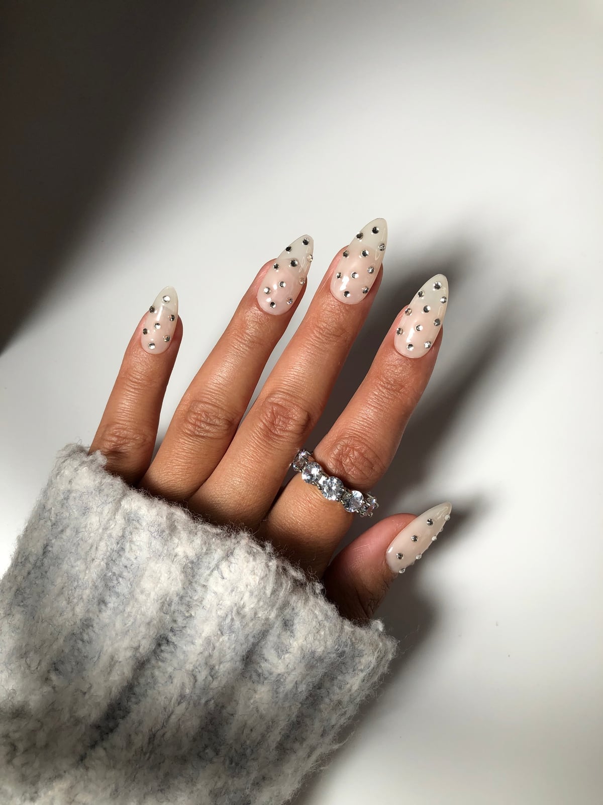 Sheer Nude Long Almond Nails with Silver Rhinestones Sheer Nude Long Almond Nails with Silver Rhinestones — Baddie Nails