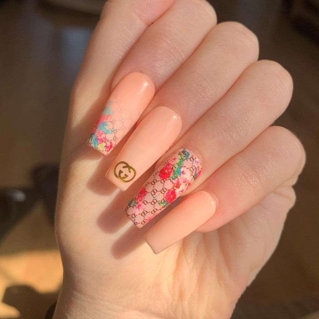 Peachy Beige Soft Square Nails with Monogram Print Peachy Beige Soft Square Nails with Monogram Print — Baddie Nails