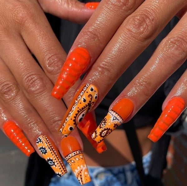 Vibrant Orange Paisley Stripe Extra Long Coffin Nails Vibrant Orange Paisley Stripe Extra Long Coffin Nails — Baddie Nails
