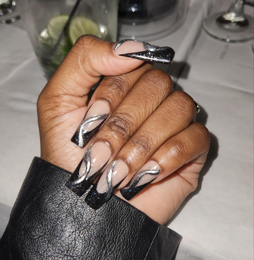 Sheer Nude Long Square Nails with Wavy Lines Sheer Nude Long Square Nails with Wavy Lines — Baddie Nails