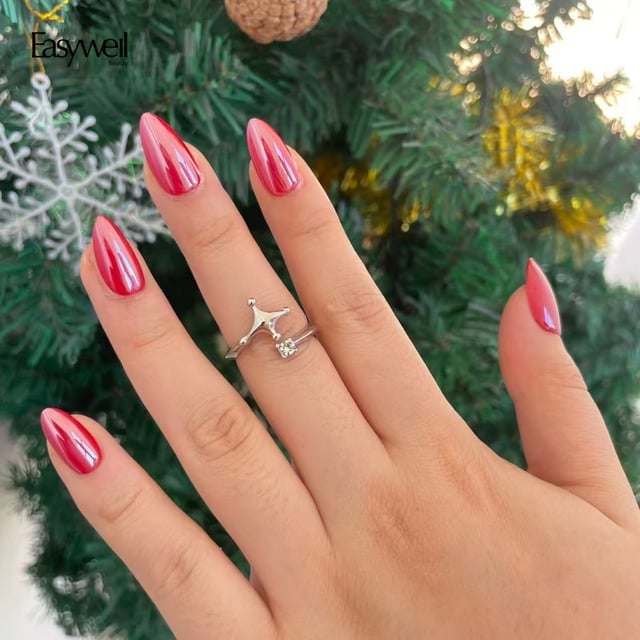 Metallic Red Almond Medium Length Nails Metallic Red Almond Medium Length Nails — Baddie Nails