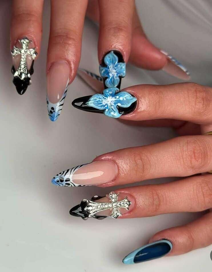 Black Stiletto Nails with 3D Blue Flowers and Crosses Black Stiletto Nails with 3D Blue Flowers and Crosses — Baddie Nails