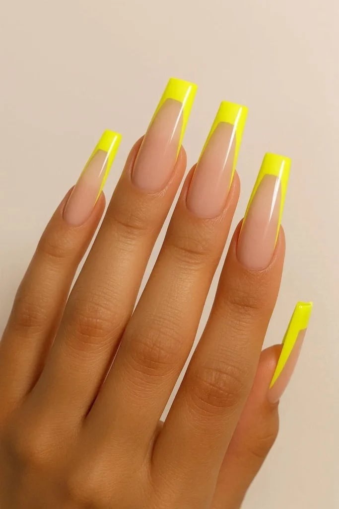 Neon Yellow French Tip Long Coffin Nails Neon Yellow French Tip Long Coffin Nails — Baddie Nails