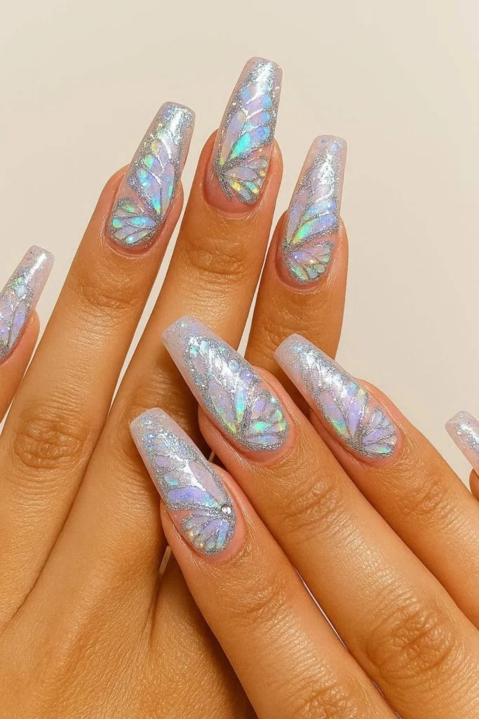 Holographic Butterfly Wing Long Coffin Nails Holographic Butterfly Wing Long Coffin Nails — Baddie Nails
