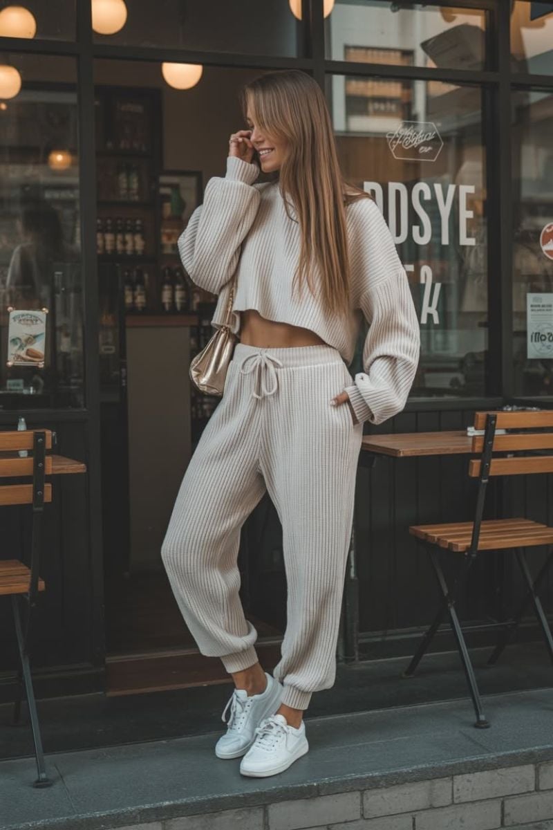 Casual Knit Set with Gold Shoulder Bag Casual Knit Set with Gold Shoulder Bag — Baddie Outfits