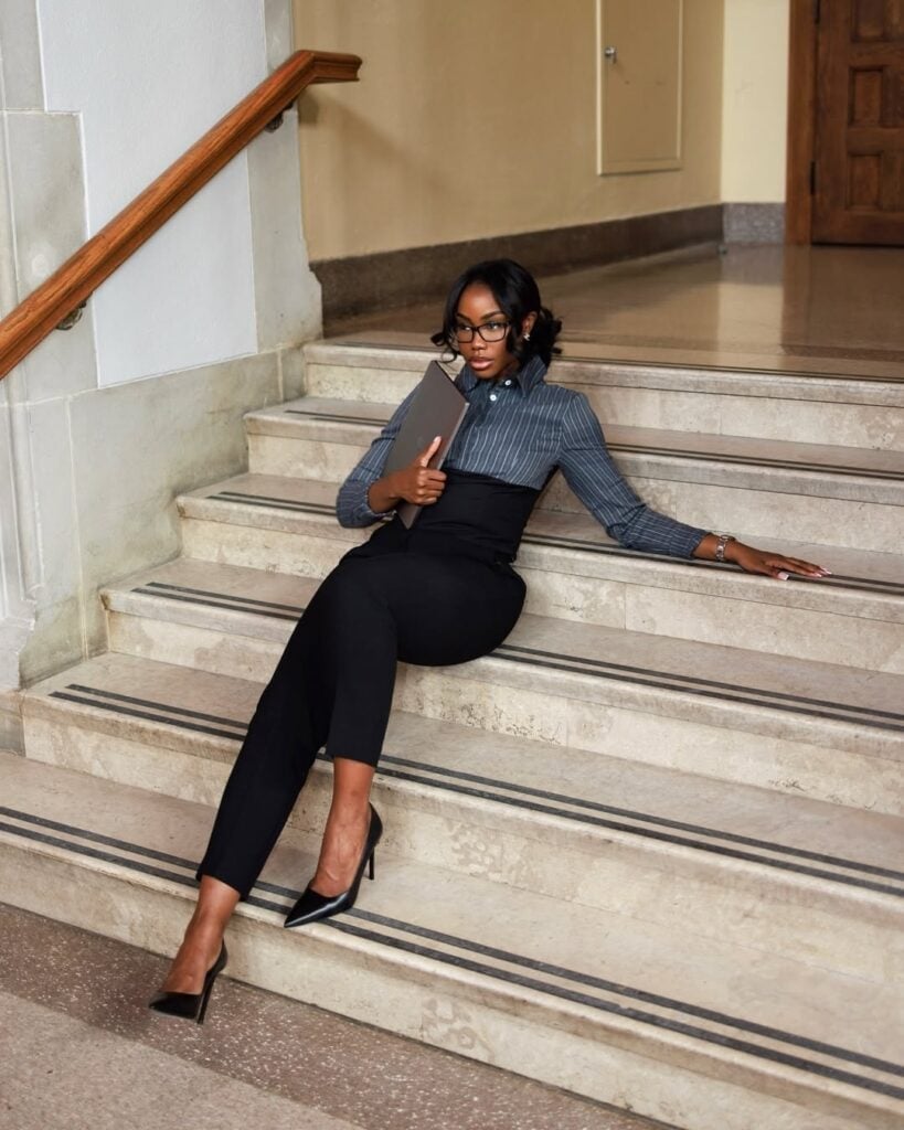 Corporate Pinstripe Shirt High-Waisted Trousers Corporate Pinstripe Shirt High-Waisted Trousers — Baddie Outfits