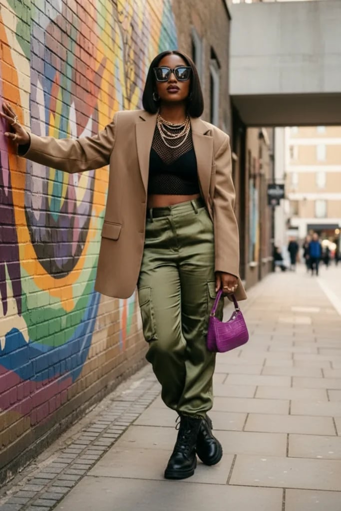 Streetwear Olive Satin Cargo Pants Blazer Streetwear Olive Satin Cargo Pants Blazer — Baddie Outfits
