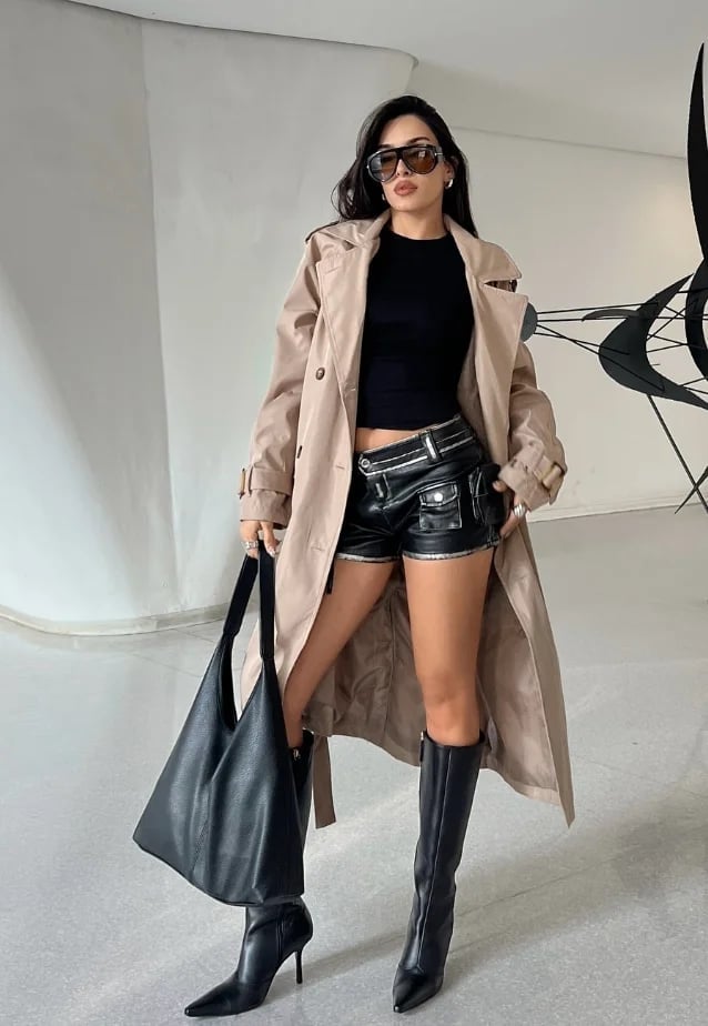Fashionable Trench Coat Leather Shorts Fashionable Trench Coat Leather Shorts — Baddie Outfits