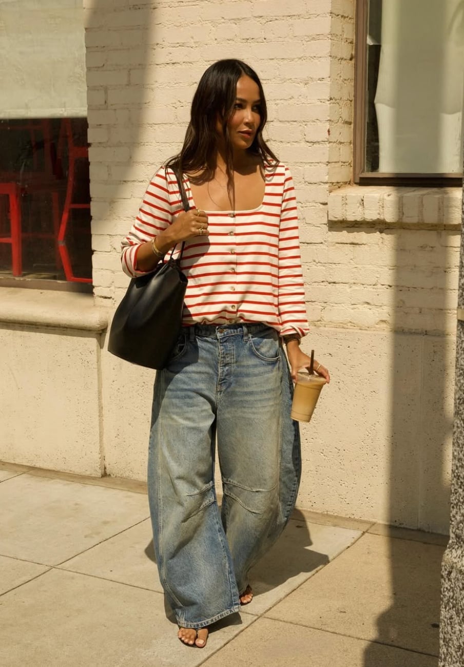 Extremely wide-leg jeans with a striped button-up Extremely wide-leg jeans with a striped button-up — Baggy Jeans Outfits