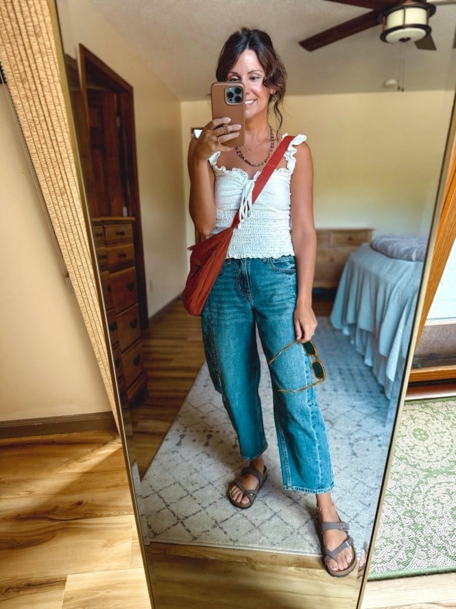 Ruffled Crop Top With Light Blue Barrel Jeans Ruffled Crop Top With Light Blue Barrel Jeans — Barrel Jeans Outfits