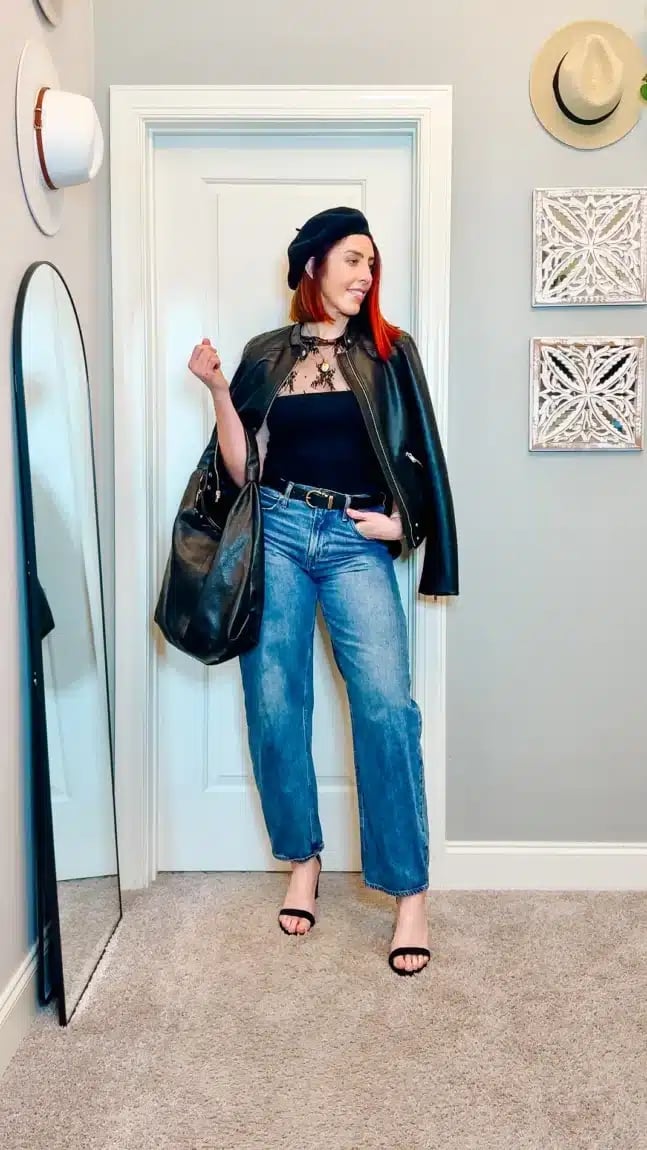 Black Lace Top And Leather Jacket With Barrel Jeans Black Lace Top And Leather Jacket With Barrel Jeans — Barrel Jeans Outfits