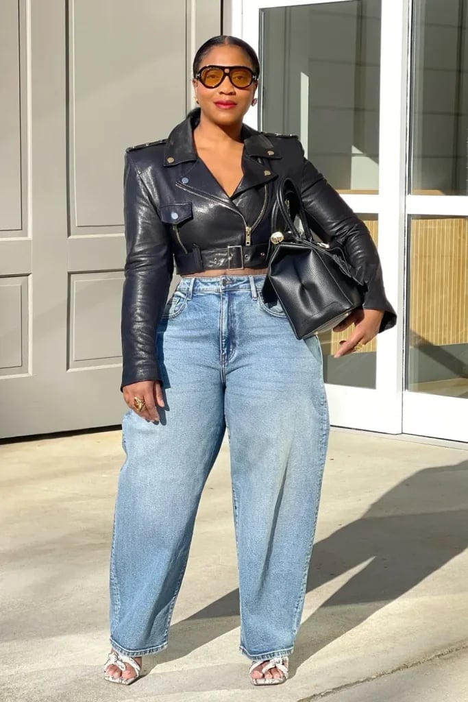 Cropped Leather Jacket And Barrel Jeans Cropped Leather Jacket And Barrel Jeans — Barrel Jeans Outfits