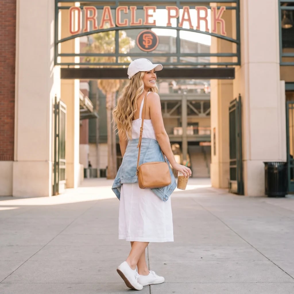 Denim Jacket Over White Sundress With Baseball Cap Denim Jacket Over White Sundress With Baseball Cap — Baseball Game Outfits