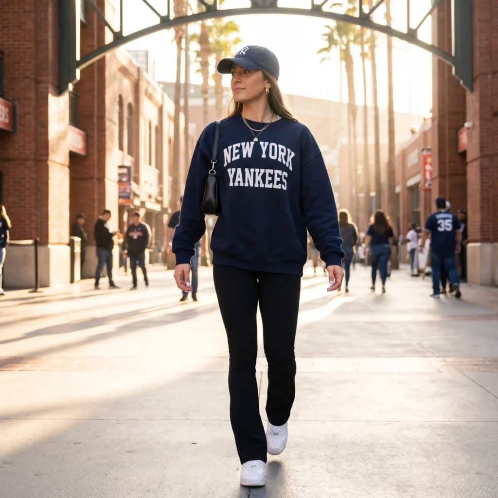 New York Yankees Sweatshirt With Black Fitted Pants New York Yankees Sweatshirt With Black Fitted Pants — Baseball Game Outfits