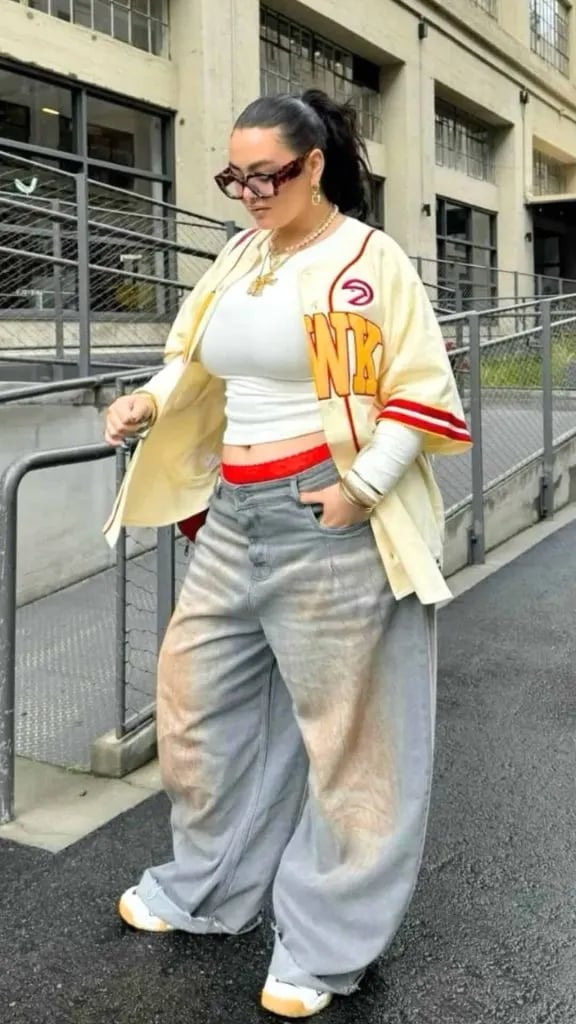 Oversized Yellow Baseball Jacket With Gray Jeans Oversized Yellow Baseball Jacket With Gray Jeans — Baseball Game Outfits