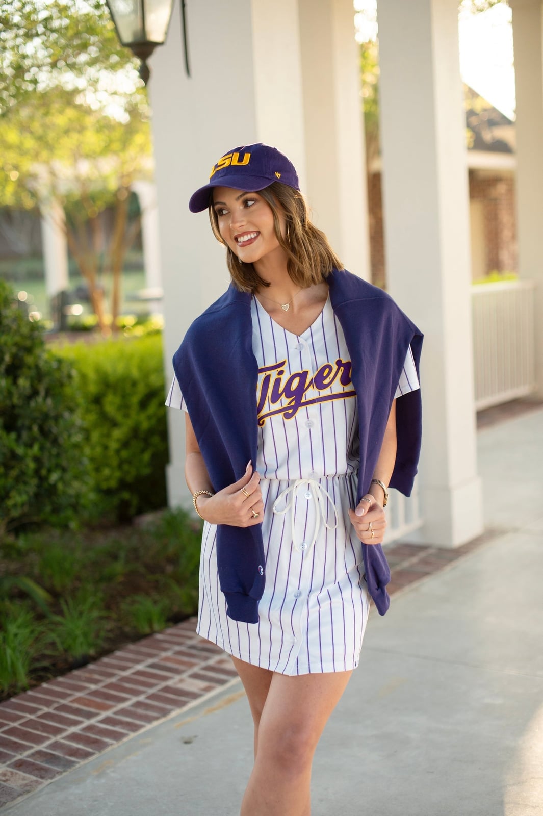 White Pinstripe Baseball Jersey Dress With Sweater White Pinstripe Baseball Jersey Dress With Sweater — Baseball Game Outfits