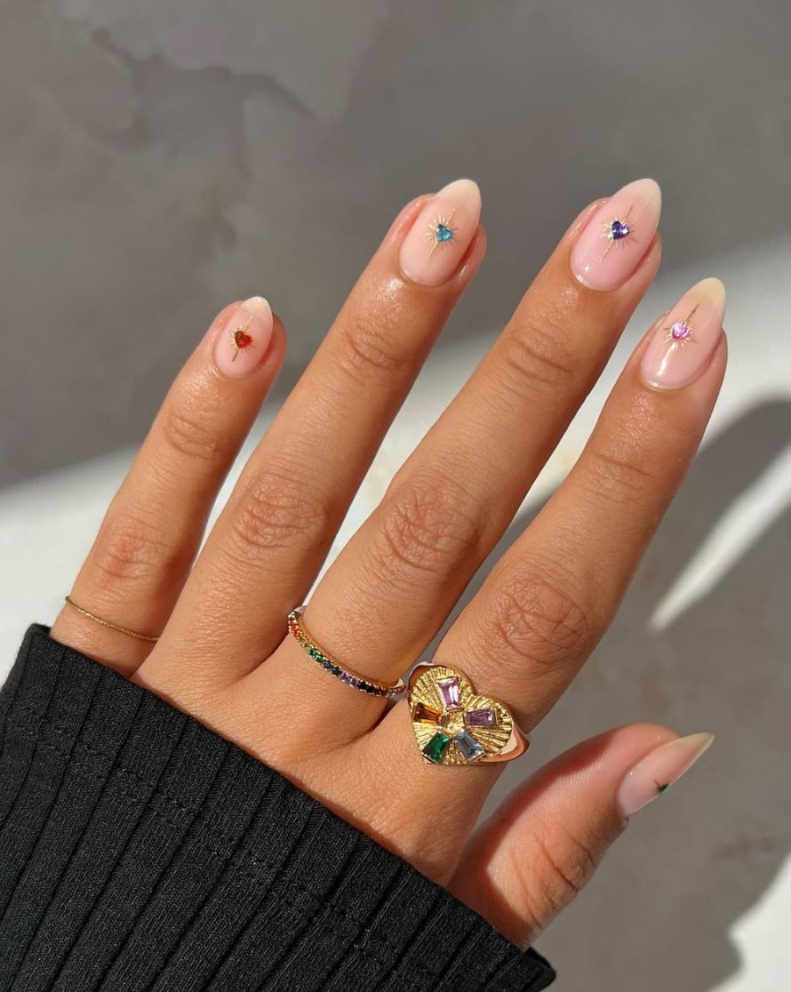 Medium Almond Sheer Pink With Tiny Gems Medium Almond Sheer Pink With Tiny Gems — Basic Nails