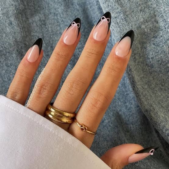 Medium Almond Nude French With Black Bow Medium Almond Nude French With Black Bow — Basic Nails