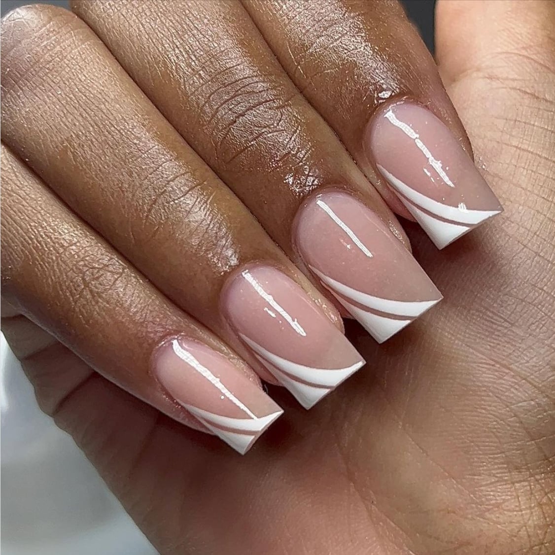 Short Square Pink With Diagonal White Lines Short Square Pink With Diagonal White Lines — Basic Nails