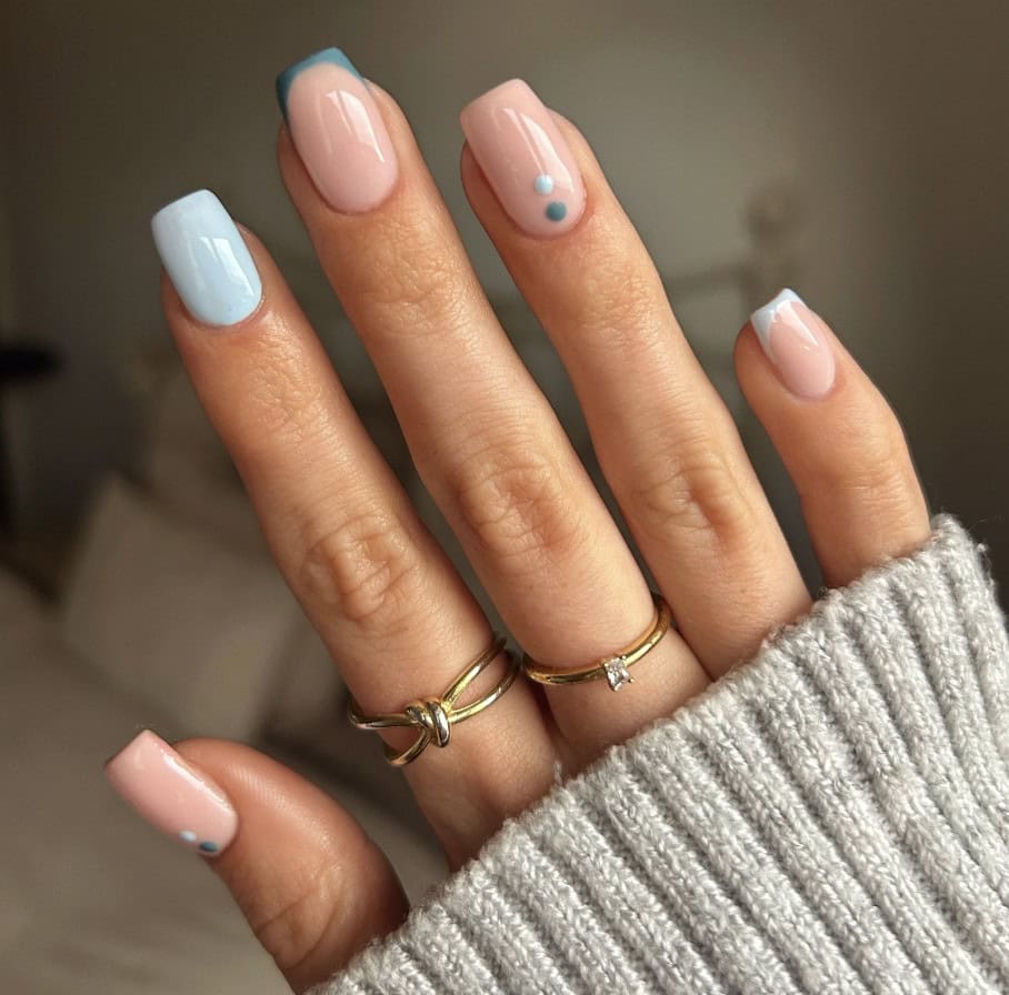 Short Soft Square Pale Pink With Blue Accents Short Soft Square Pale Pink With Blue Accents — Basic Nails