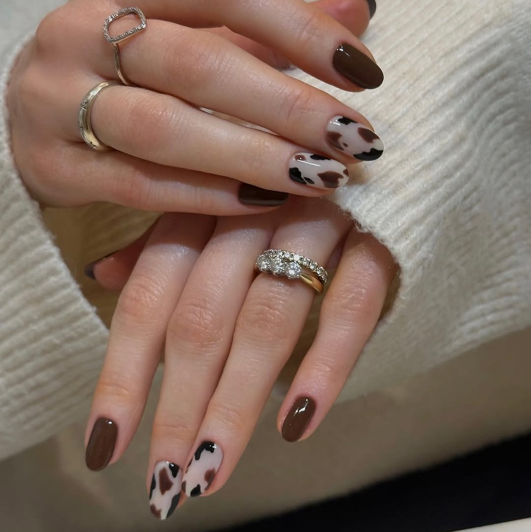 Short Almond Brown With Cow Print Short Almond Brown With Cow Print — Basic Nails