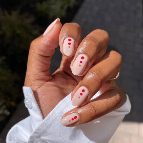 Medium Oval Sheer Pale Nude With Red Dots Medium Oval Sheer Pale Nude With Red Dots — Basic Nails