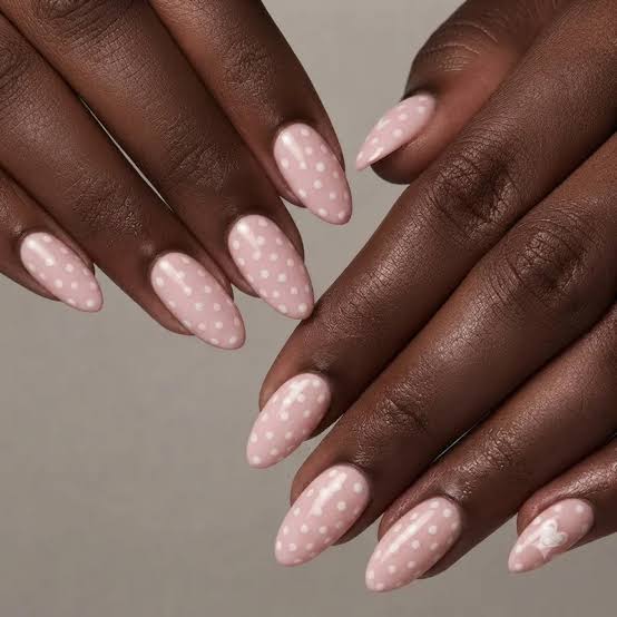 Medium Almond Pale Pink With White Polka Dots Medium Almond Pale Pink With White Polka Dots — Basic Nails