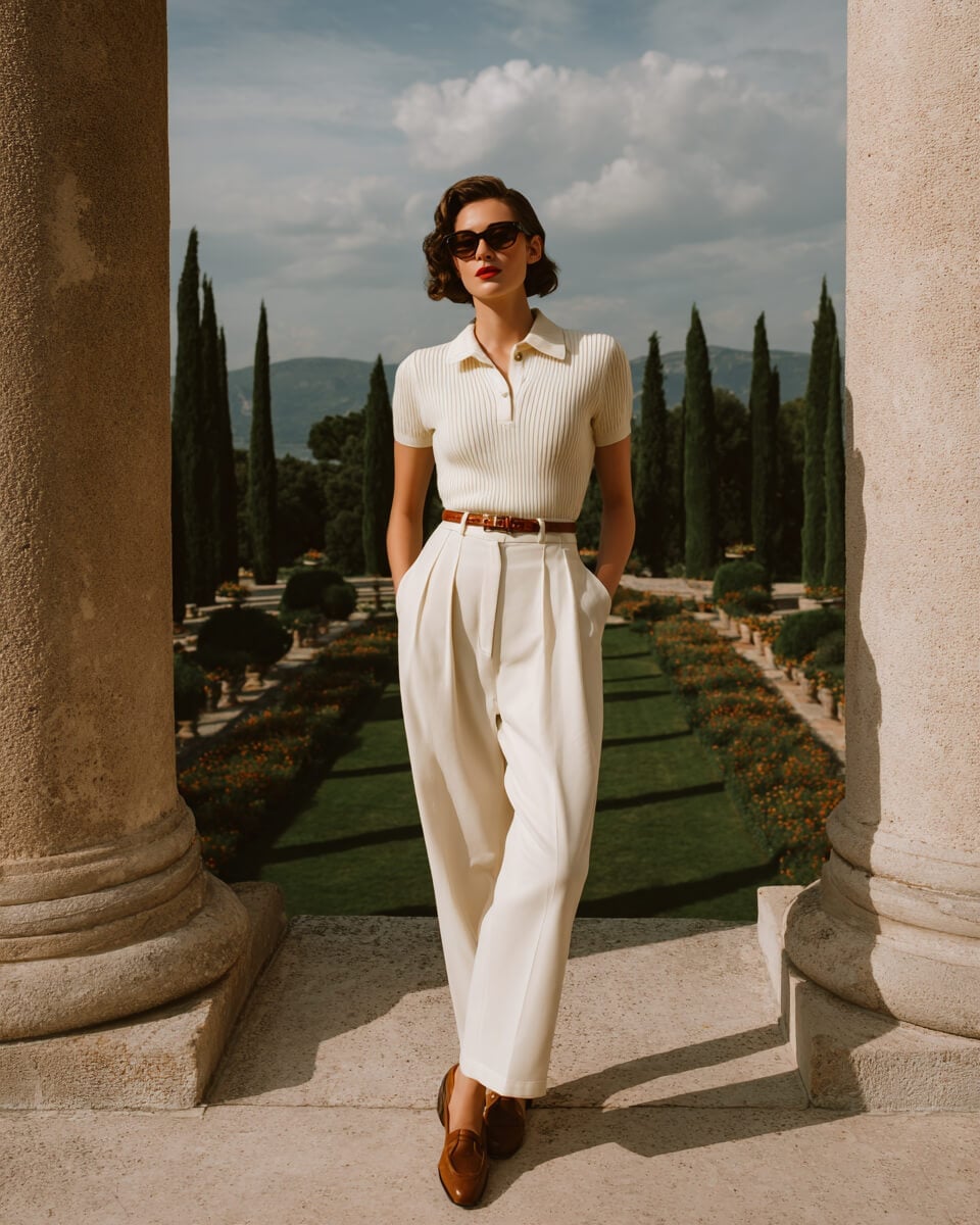 Chic ivory polo with cream wide-leg trousers Chic ivory polo with cream wide-leg trousers — Basic Outfits