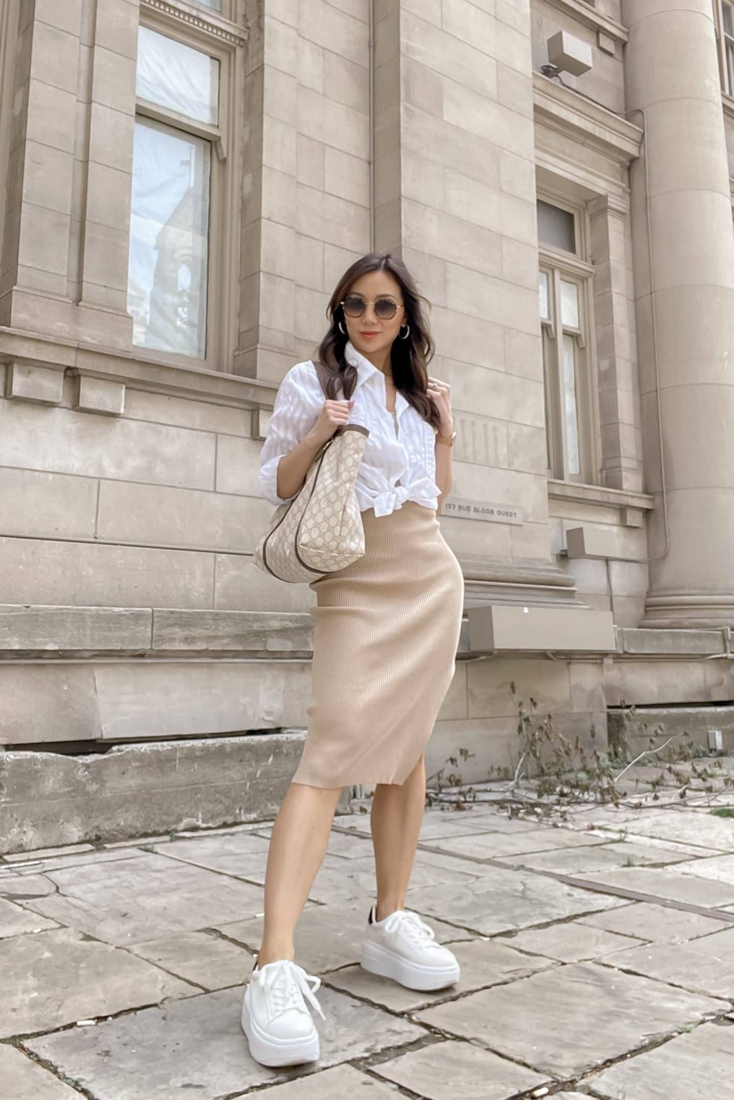 White cropped shirt with beige midi skirt White cropped shirt with beige midi skirt — Basic Outfits