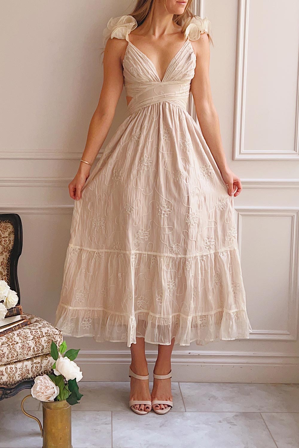 Beige Embroidered Tiered Midi Dress with Ruffled Straps Beige Embroidered Tiered Midi Dress with Ruffled Straps — Beige Dress