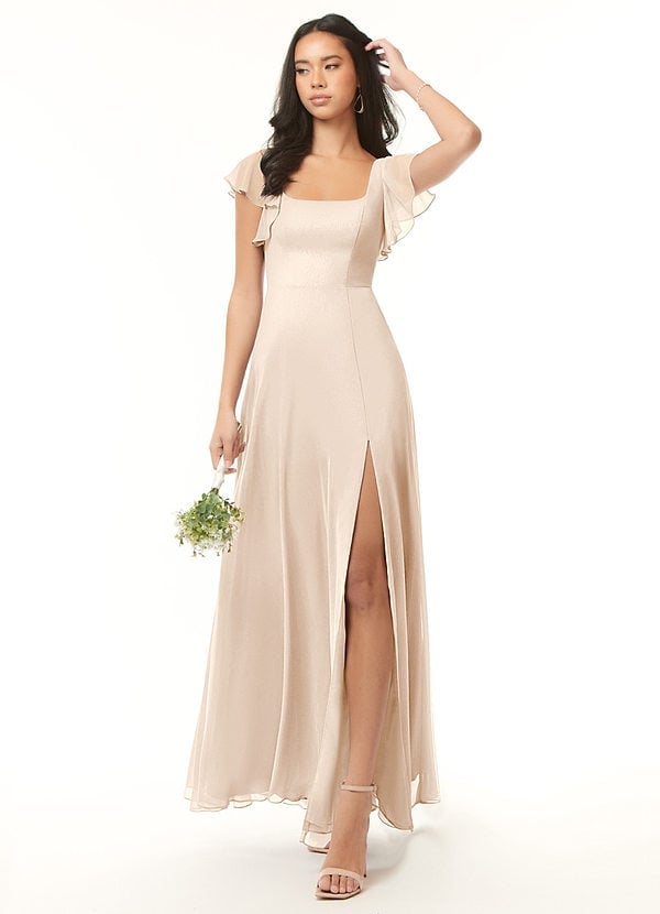 Beige Satin Maxi Dress with Flutter Sleeves and High Leg Slit Beige Satin Maxi Dress with Flutter Sleeves and High Leg Slit — Beige Dress
